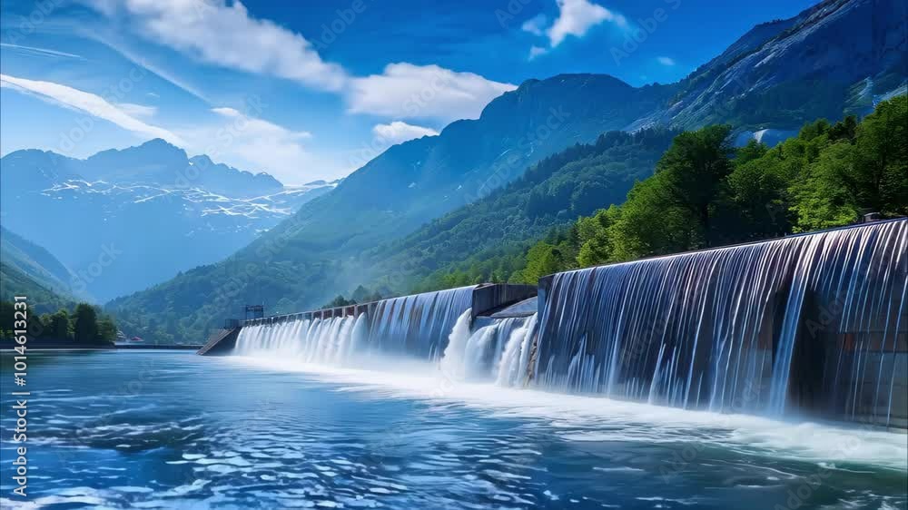 A scenic landscape featuring a dam with cascading waterfalls, surrounded by mountains and lush greenery under a bright sky. A scenic landscape featuring a dam with cascading waterfalls, surrounded by mountains and lush greenery under a bright sky.