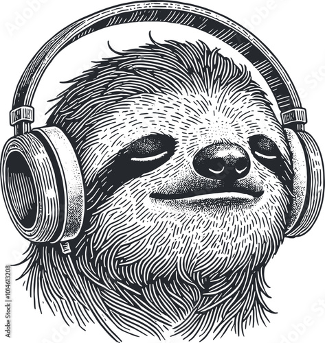 sloth portrait in headphones relax music. Engraving hand drawing ink . Vector