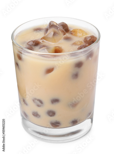 Tasty milk bubble tea in glass isolated on white