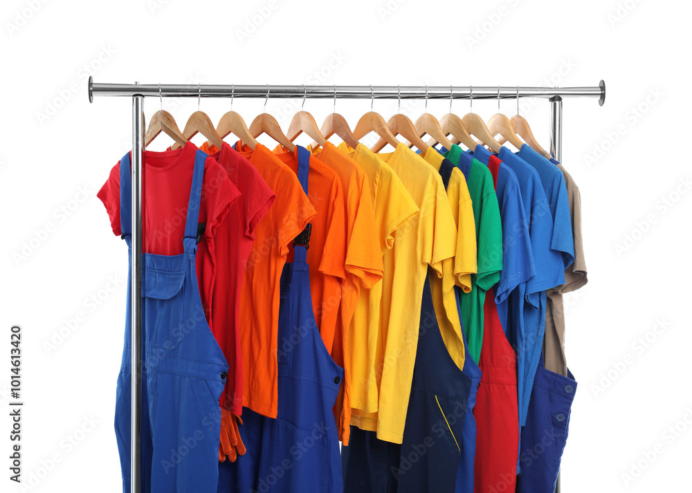 Fototapeta premium Different workers' uniforms on clothing rack isolated on white