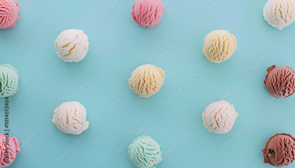 Top view of seamless background of assorted scoops of ice cream arranged in lines on blue table Top view of seamless background of assorted scoops of ice cream arranged in lines on blue table