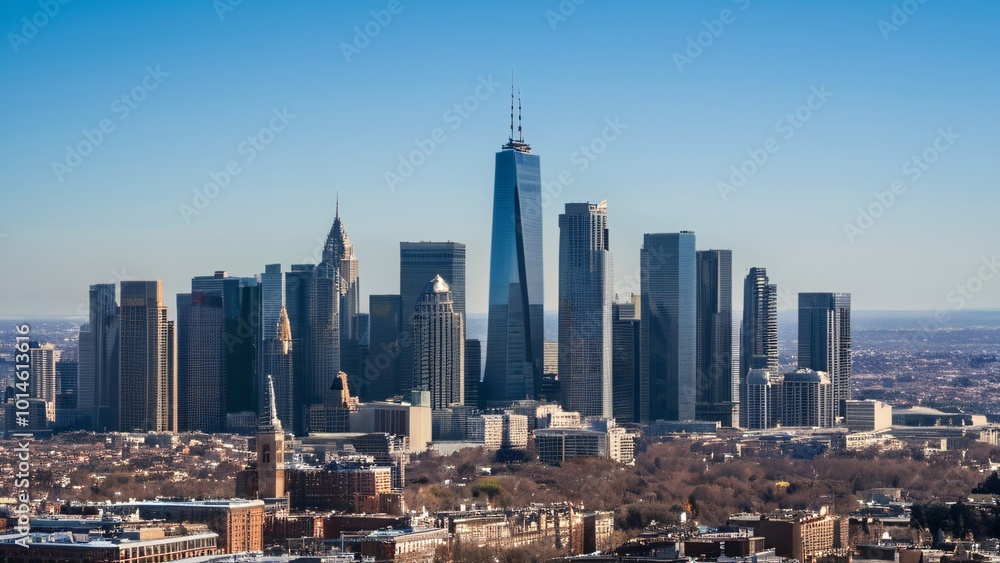 Obraz premium Vibrant Midday City Skyline Under Clear Blue Skies