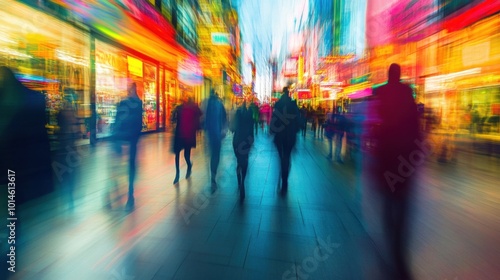 Vibrant abstract figures moving through a busy shopping district, with neon signs and colorful storefronts blurred in the background.