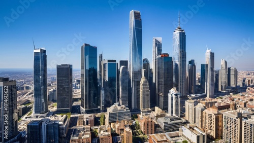 Vibrant Midday City Skyline Under Clear Blue Skies