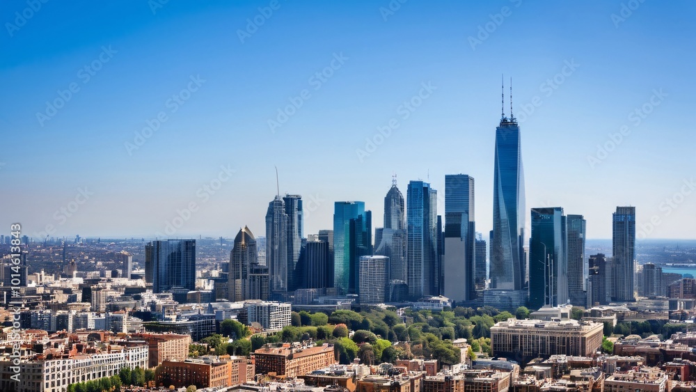 Fototapeta premium Vibrant Midday City Skyline Under Clear Blue Skies