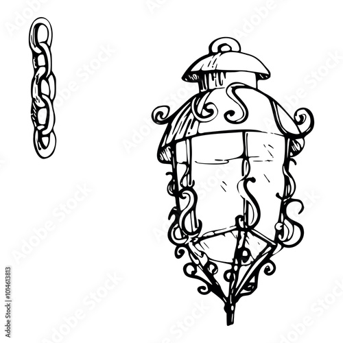 Ancient vintage lantern, iron cast ornate street light gas lamp with chain. Hand drawn ink vector illustration, city urban decor. Single element isolated on white. Design travel, vacation, brochure