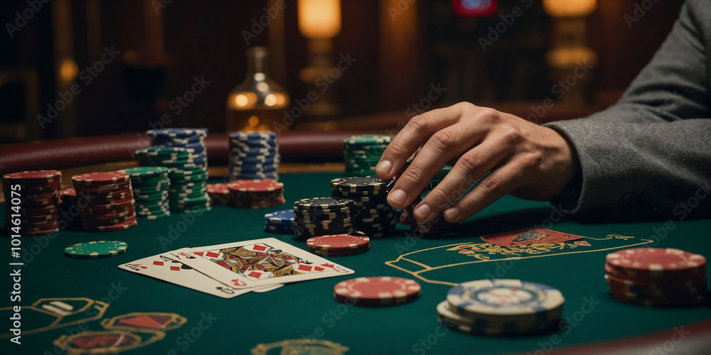 Casino Poker Table with Cards and Chips. High-Stakes Gambling and Entertainment Scene Casino Poker Table with Cards and Chips. High-Stakes Gambling and Entertainment Scene