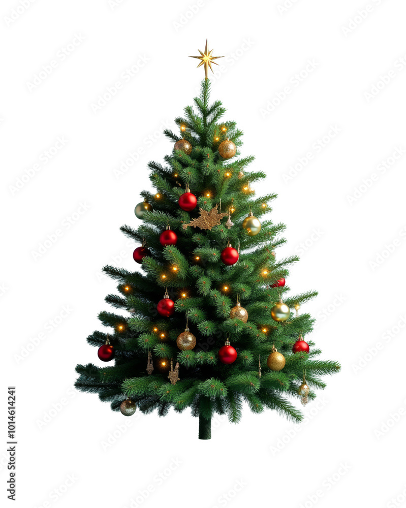 Traditional green Christmas tree with red ornaments and tinsel garland on a transparent background. Ideal for holiday designs, greeting cards, and festive projects Traditional green Christmas tree with red ornaments and tinsel garland on a transparent background. Ideal for holiday designs, greeting cards, and festive projects