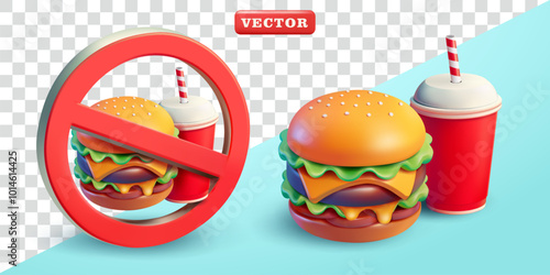 No burger and drink cup, 3d vector. Suitable for design elements and attention