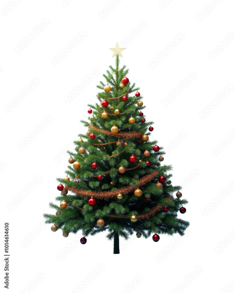 Traditional green Christmas tree with red ornaments and tinsel garland on a transparent background. Ideal for holiday designs, greeting cards, and festive projects Traditional green Christmas tree with red ornaments and tinsel garland on a transparent background. Ideal for holiday designs, greeting cards, and festive projects