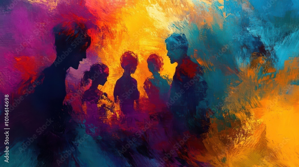 An abstract family drama painting illustration with colorful nuance and expressive brush strokes