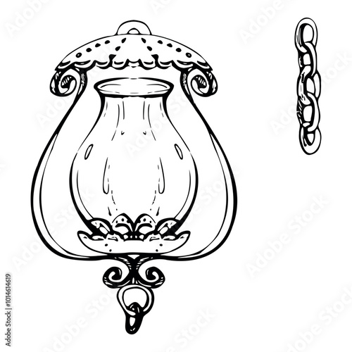 Ancient vintage lantern, iron cast ornate street light gas lamp with chain, city urban decor. Hand drawn ink vector illustration. Single element isolated on white. Design travel, vacation, brochure