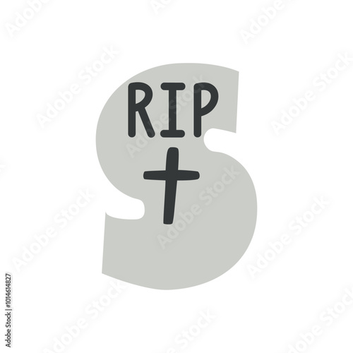 Logo con letra inicial S como lápida de tumba con crucifijo y palabra RIP para tarjetas y felicitaciones de Halloween
