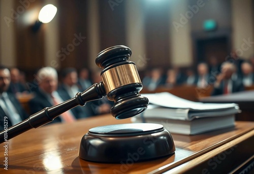 Close-up of a judge's gavel on a wooden table in a courtroom, with jurors and clients blurred in the background.