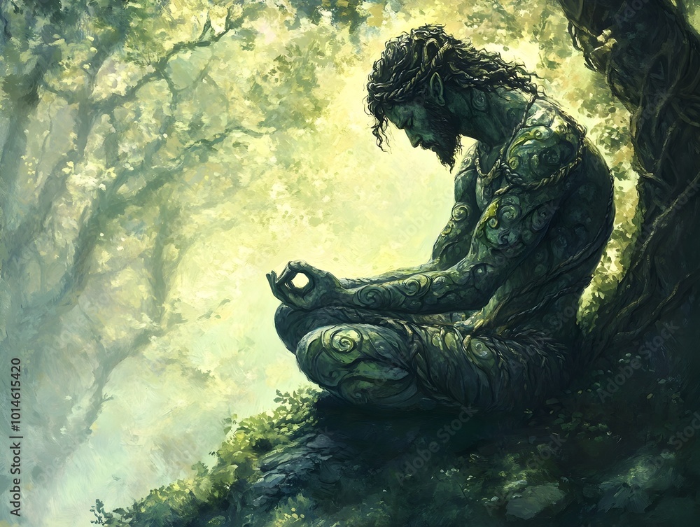 Fototapeta premium Mystical Satyr Meditating in Lush Forest Clearing Bathed in Ethereal Light