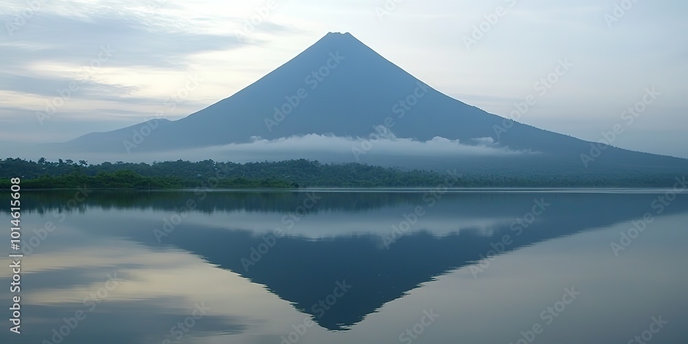 Volcanic mountain in morning light reflected in calm waters of lake. Volcanic mountain in morning light reflected in calm waters of lake.