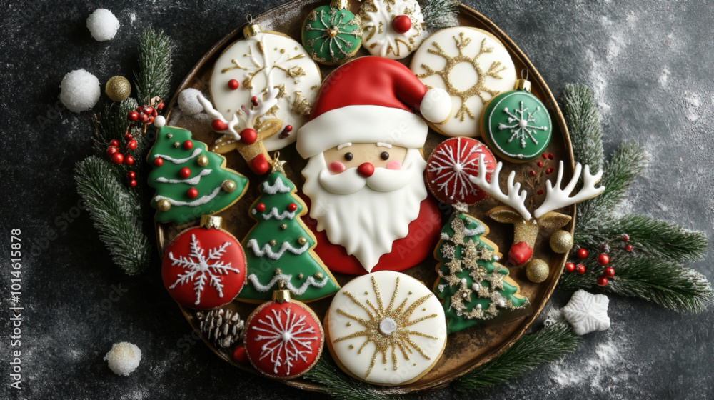 A Christmas-themed icing cookie design featuring Santa Claus, reindeer, Christmas trees, and holiday decorations A Christmas-themed icing cookie design featuring Santa Claus, reindeer, Christmas trees, and holiday decorations