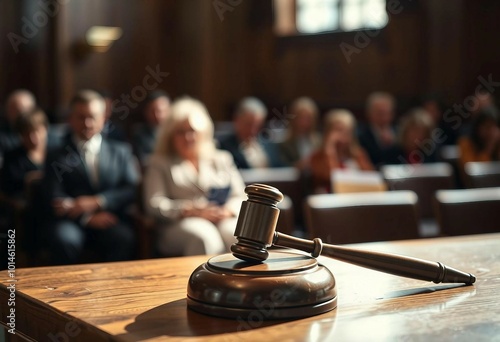 Close-up of a judge's gavel on a wooden table in a courtroom, with jurors and clients blurred in the background.