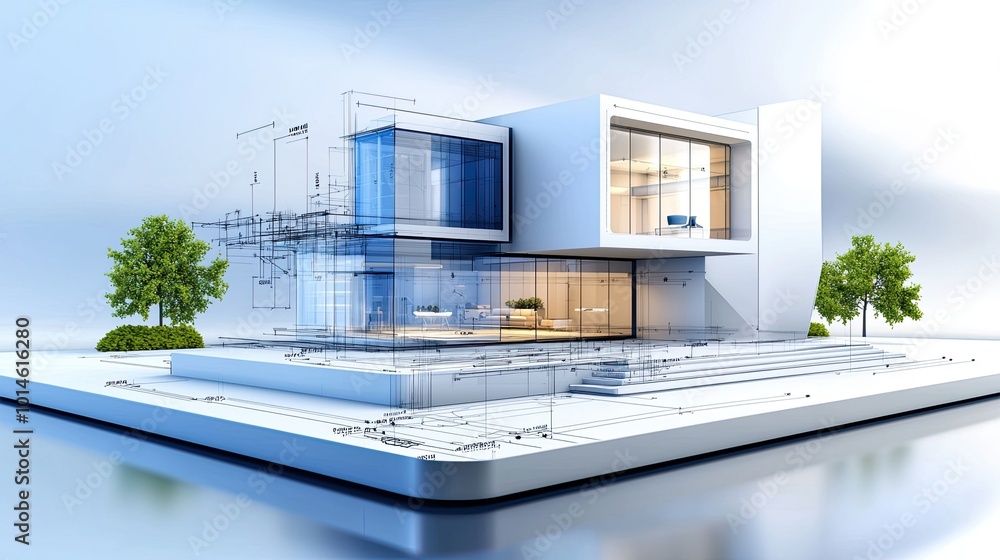 Blueprint of a modern building with precise lines and annotations, surrounded by architectural tools in a sleek workspace Blueprint of a modern building with precise lines and annotations, surrounded by architectural tools in a sleek workspace