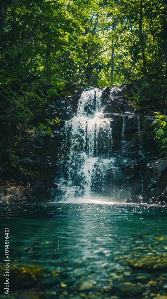 Waterfall cascading into a serene pool. AI. Waterfall cascading into a serene pool. AI.