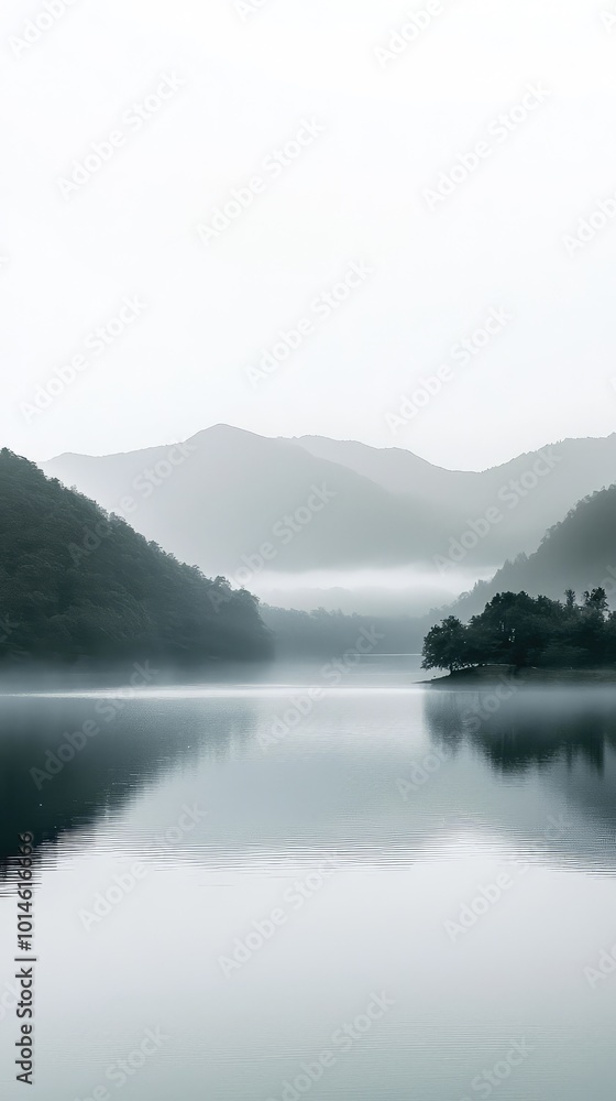 Serene landscape featuring a misty lake surrounded by mountains, reflecting a tranquil atmosphere and soft light. Serene landscape featuring a misty lake surrounded by mountains, reflecting a tranquil atmosphere and soft light.