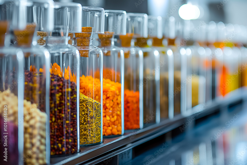 A variety of colorful spices is showcased in glass jars neatly lined on shelves in a bustling marketplace. The array offers a feast for the senses, captivating viewers A variety of colorful spices is showcased in glass jars neatly lined on shelves in a bustling marketplace. The array offers a feast for the senses, captivating viewers