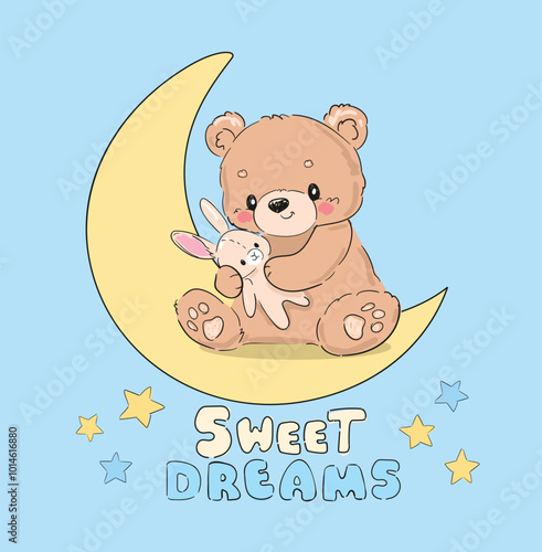 cute teddy bear with bunny toy hand drawn vector illustration Kids trend print 