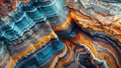 Stunning aerial view of colorful layered rock formations showcasing vibrant hues and intricate patterns.