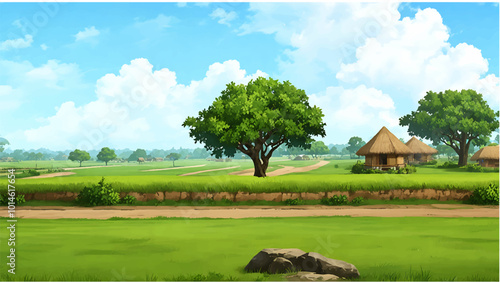 Rural landscape featuring a thatched hut under large green trees beside a road