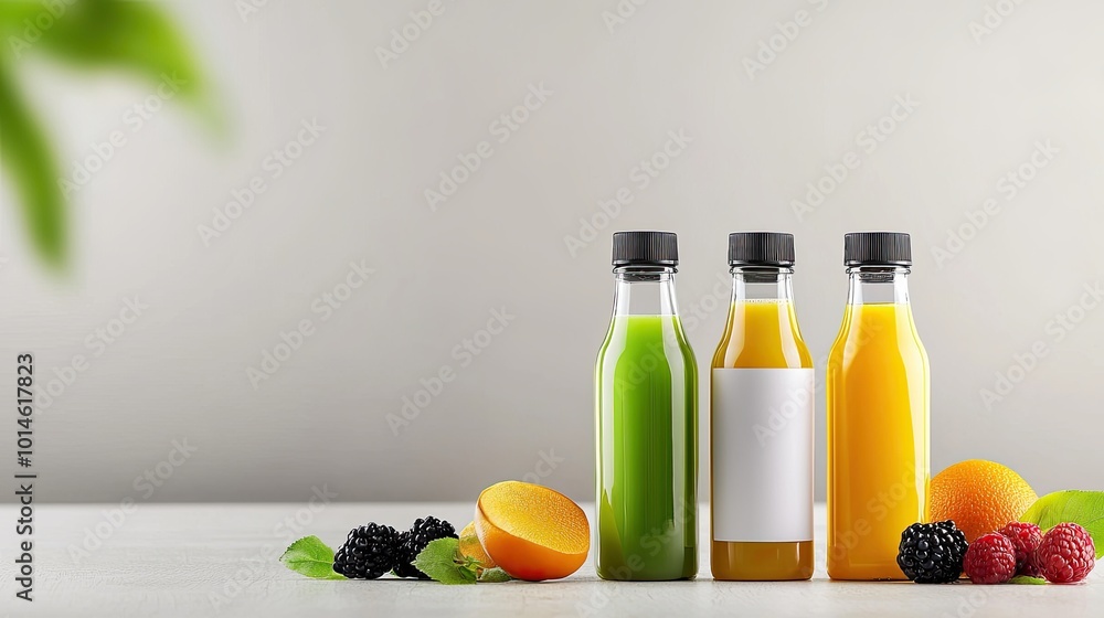 Fresh juice bottles with minimalist labels, featuring green, orange, and berry juices, set against a clean background Fresh juice bottles with minimalist labels, featuring green, orange, and berry juices, set against a clean background