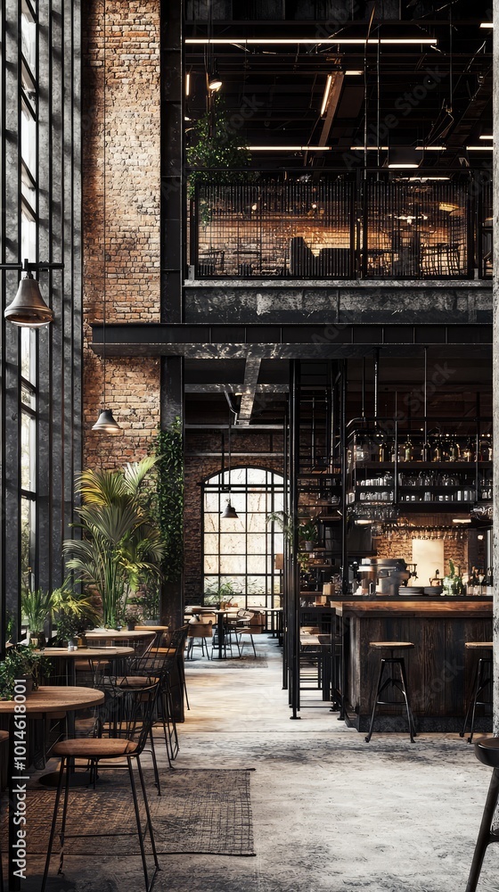 Stylish urban cafe interior featuring exposed brick, modern furniture, and greenery, perfect for relaxing or socializing. Stylish urban cafe interior featuring exposed brick, modern furniture, and greenery, perfect for relaxing or socializing.