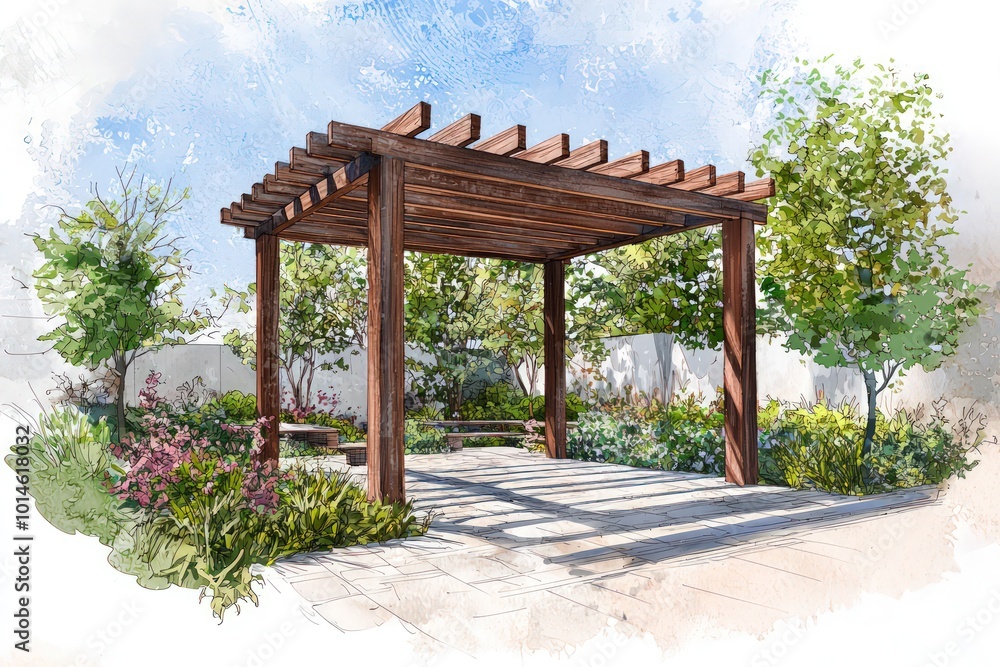 Sketch by an architect of a bioclimatic pergola in a sustainable garden. Sketch by an architect of a bioclimatic pergola in a sustainable garden.