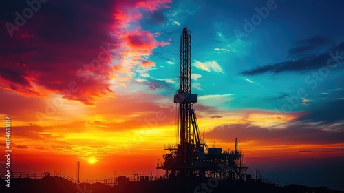 Sunset over an oil drilling rig silhouetted against a colorful sky, showcasing industrial landscape and natural beauty.