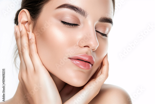 A beauty portrait of a woman with smooth, flawless skin after hair removal treatments, isolated on a white background for use in cosmetic surgery clinic advertising.