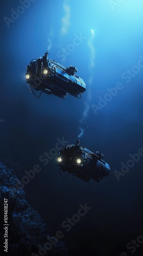 Two advanced submarines explore the deep ocean, illuminated by bright lights, revealing the mysteries below the surface. photo