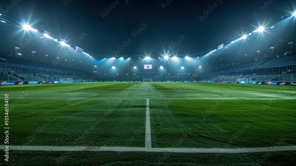 A nighttime view of a soccer field illuminated by stadium lights A nighttime view of a soccer field illuminated by stadium lights