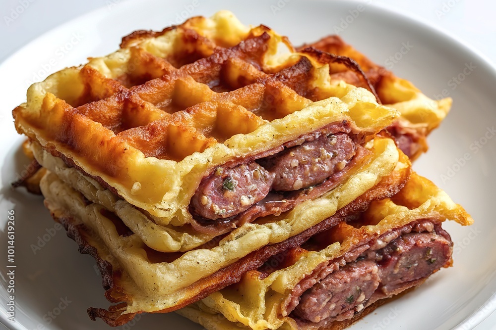 A photo of a plate with cooked fried potato waffles stuffed with sausage A photo of a plate with cooked fried potato waffles stuffed with sausage