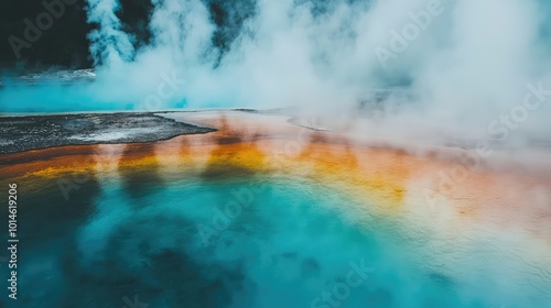 Vibrant geothermal pool with colorful mineral deposits and steam rising, showcasing nature's beauty and diversity in Yellowstone. photo