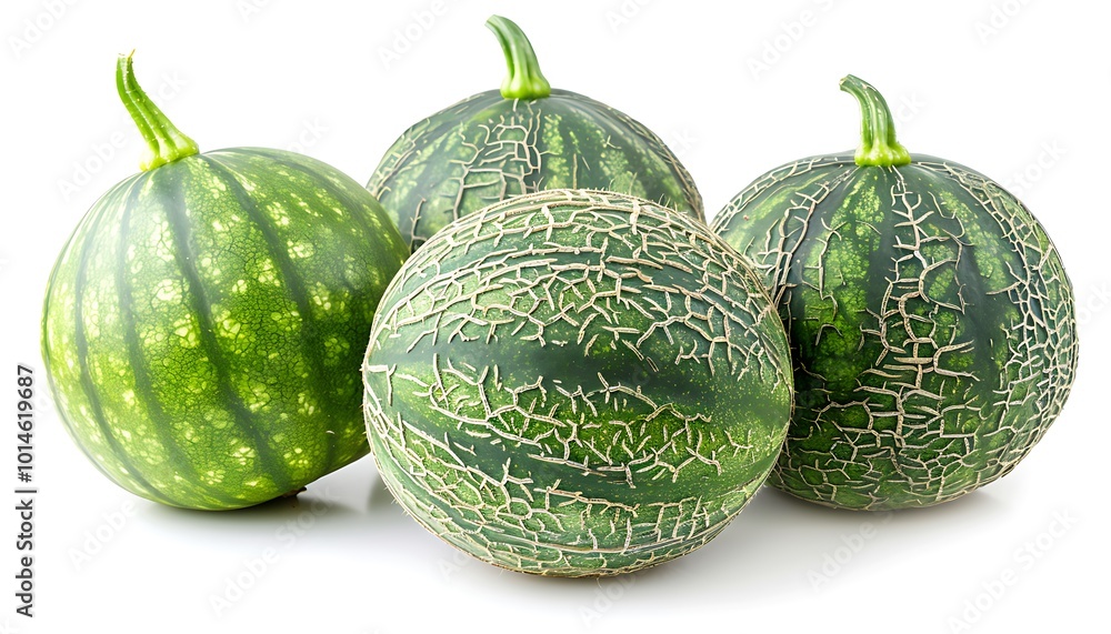 Ripe green melons with leaves isolated on a white background. Ripe green melons with leaves isolated on a white background.