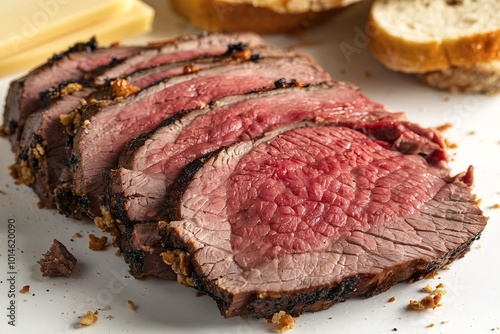 A photo of a sliced piece of beef or pork on a white background