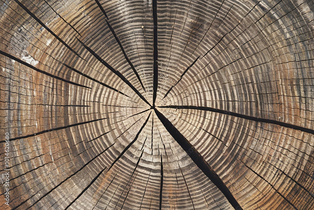 Fototapeta premium A photo of a tree trunk's cross-section with concentric rings representing each year of growth