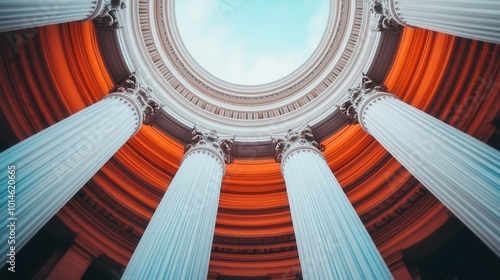 Grand architectural columns rising to meet a vibrant, colorful domed ceiling, showcasing the majesty and classical appeal of historic design elements. photo