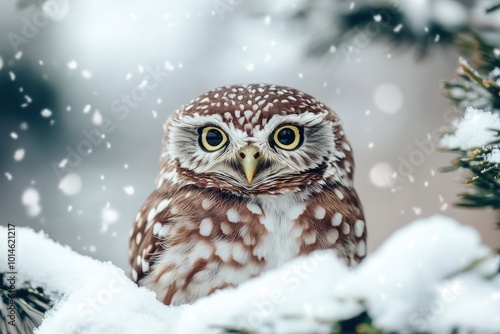 Cute little owl. Winter seasons. White snow background. Bird: Little Owl. Athene noctua - generative ai