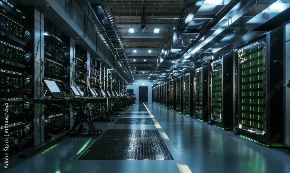 A server room with rows of glowing servers. A server room with rows of glowing servers.
