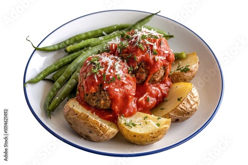 A photo of a white plate with roasted potatoes and green beans and meatballs