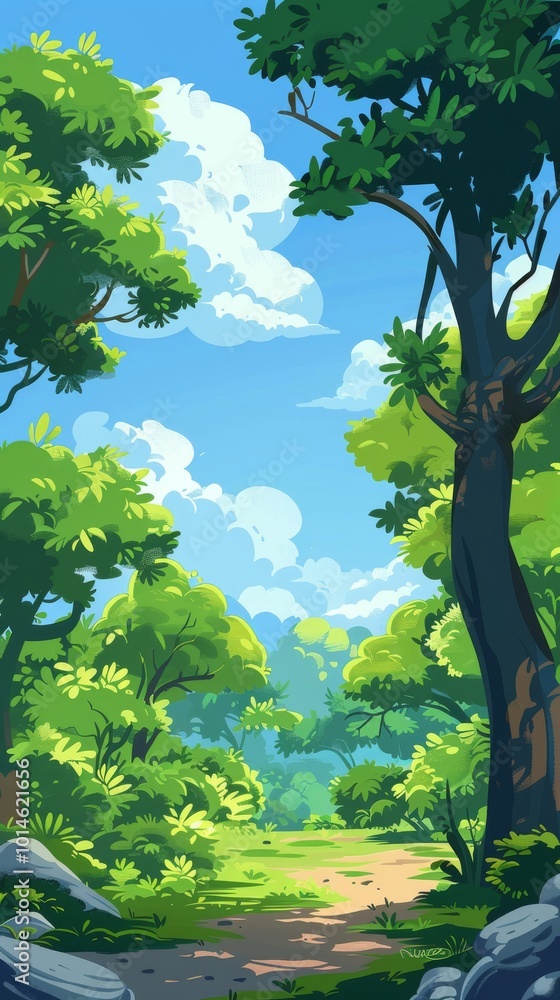 Naklejka premium A vibrant, sunlit forest path surrounded by dense green foliage and tall trees under a bright blue sky with fluffy white clouds.