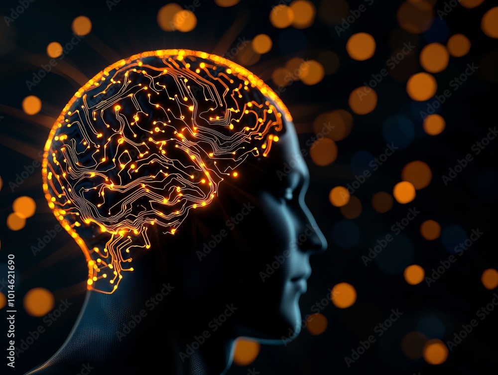 Obraz premium A conceptual representation of artificial intelligence with a glowing brain and digital circuits amidst a bokeh background.