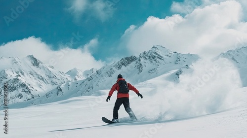 A man, a lover of active sports, a snowboarder in motion against the backdrop of snow-capped mountains. 