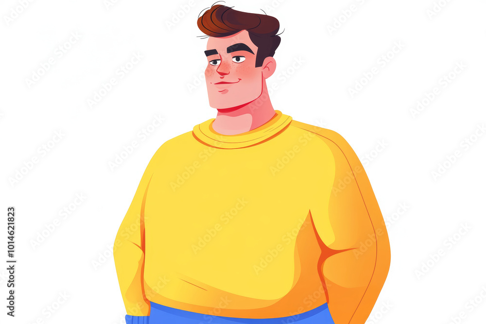 Fototapeta premium Young man in a yellow sweater and blue pants with a confident expression standing against a white background