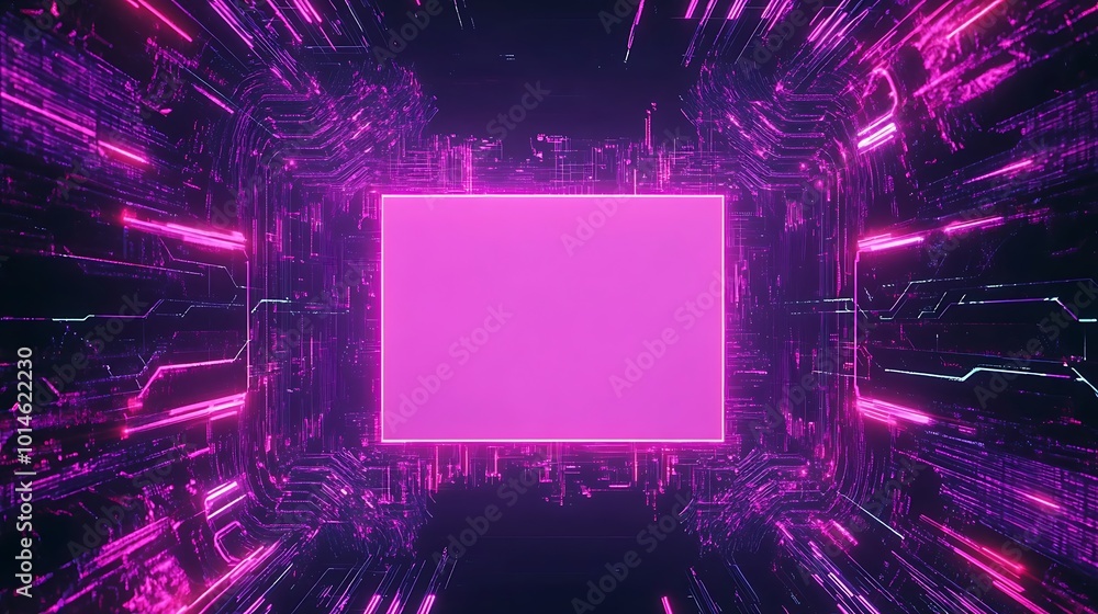 Obraz premium A futuristic, abstract image of a glowing pink square surrounded by a circuit board with glowing lines.